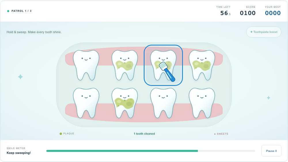 Eight smiling teeth and a toothbrush in the Plaque Patrol cleaning challenge.