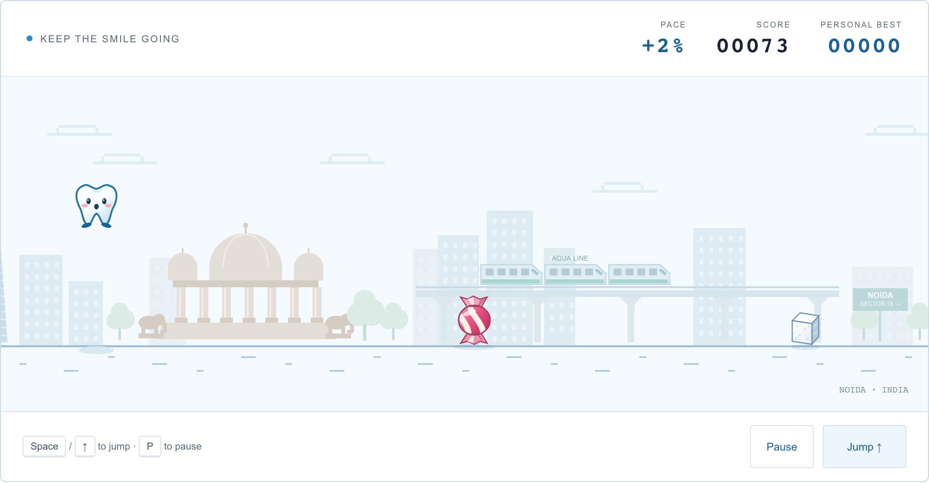 A smiling tooth jumping over sweets against a Noida-inspired skyline.
