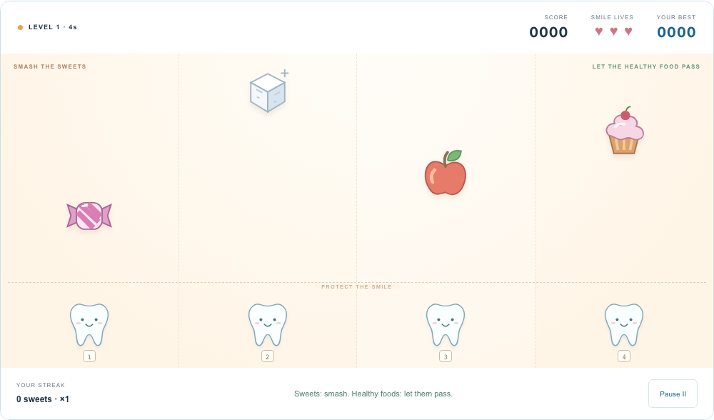Colourful sweets and healthy foods falling towards four smiling teeth in Sugar Smash.